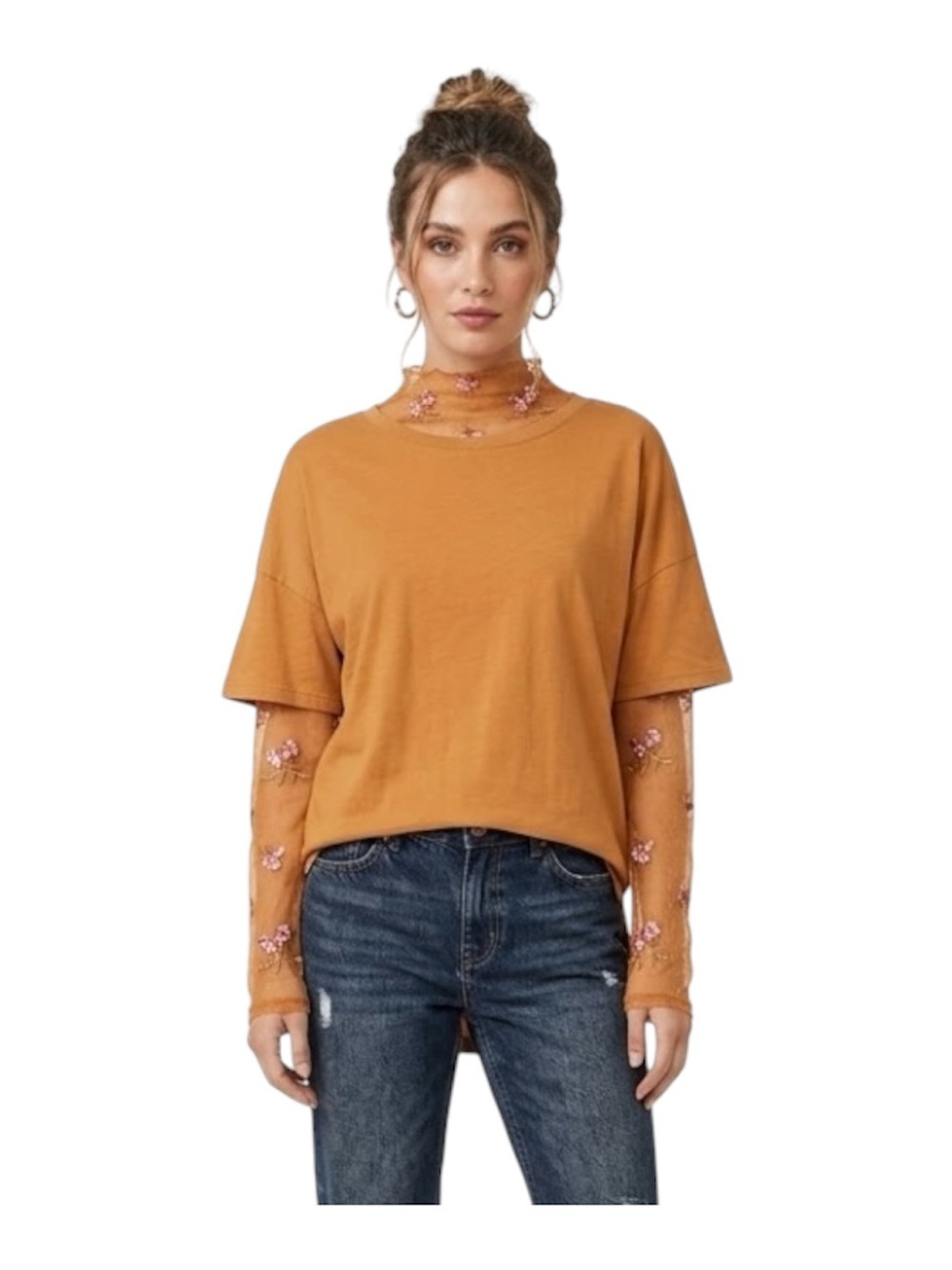 Free People Embroidered Mesh Layered Long Sleeve Top Sz S Orange Romantic Boho